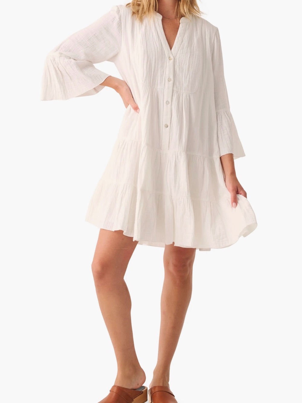 Faherty Kasey Dream Gauze White 100% Organic Cotton Tiered Shift Dress M